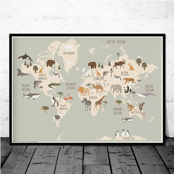 Leinwand - Weltkarte Tiere Kinder