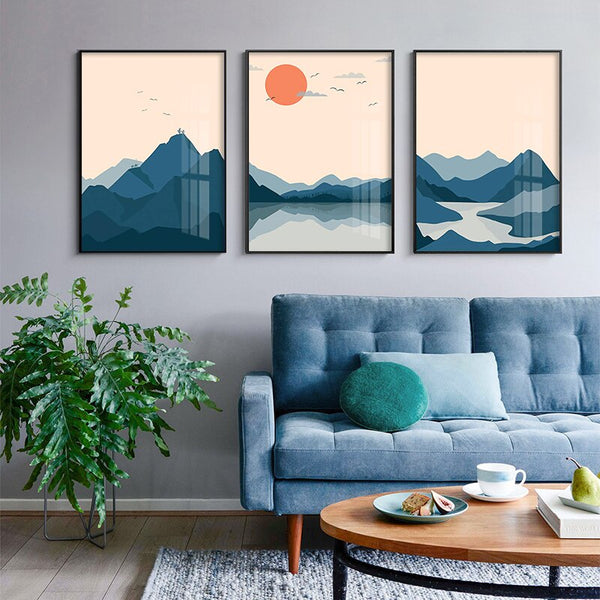 Leinwand - Landschaften Blaue Berge Zeichnungen Triptychon