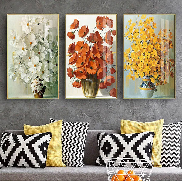 Leinwand - Weiße Blumen Rote Gelbe Vase Triptychon