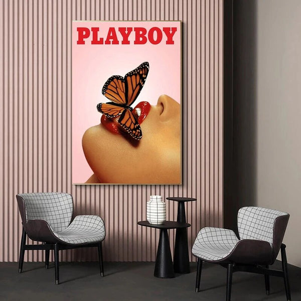 Leinwand - Playboy Retro Fashion Schmetterlinge Frau