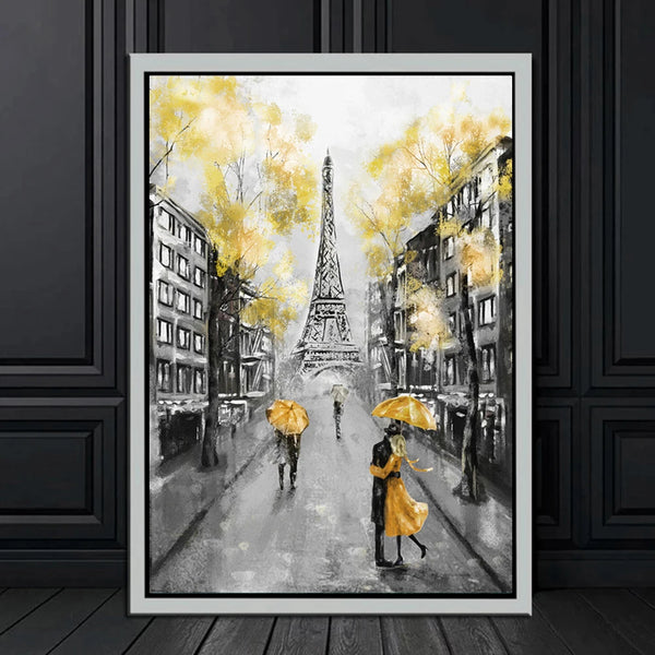 Toile - Paris Rue Rose Jaune Passant Tour Eiffel
