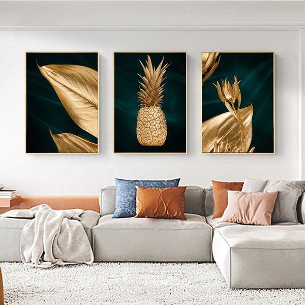 Leinwand - Ananas Blätter Golden Triptychon