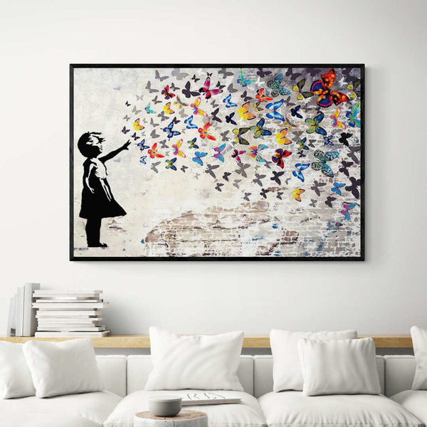 Leinwand - Banksy Street Art Kleines Mädchen Schmetterlinge
