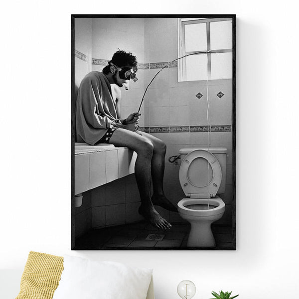 Leinwand - Mann Angeln Wc Toilette Schnorchelmaske Schwarz und Weiß