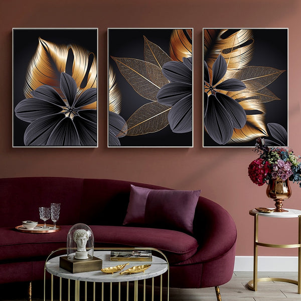 Leinwand - Blumen Schwarz Vergoldet Triptychon