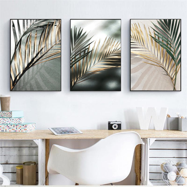Leinwand - Goldene Blätter Palmen Pflanzen Triptychon