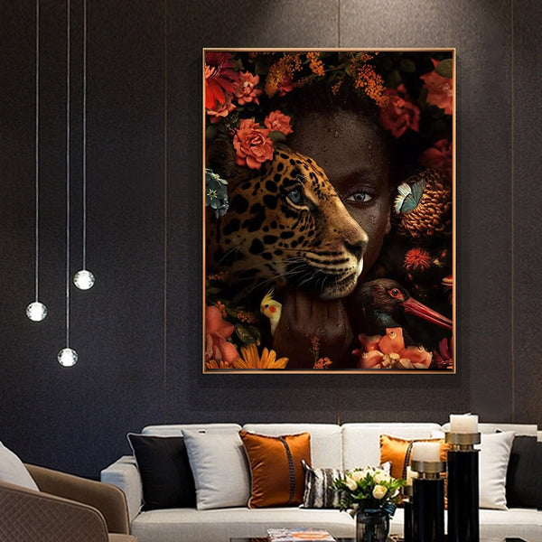 Toile - Léopard Fleurs Femme Africaine
