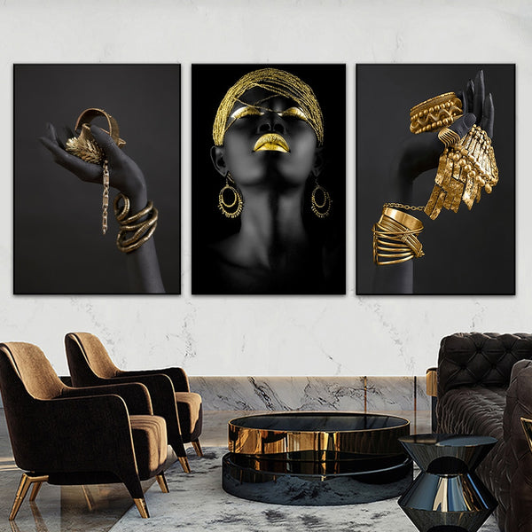 Leinwand - Afrikanische Frau Goldener Schmuck Triptychon