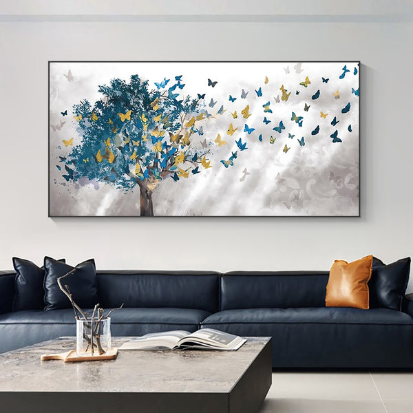 Leinwand - Baum Schmetterlinge Blau Golden Art