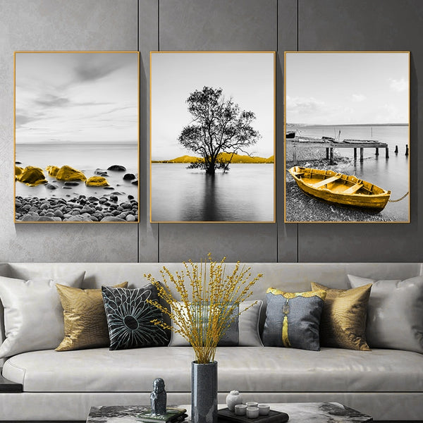 Leinwand - Landschaft See Baum Boot Anlegestelle Lebhaftes Gelb Triptychon
