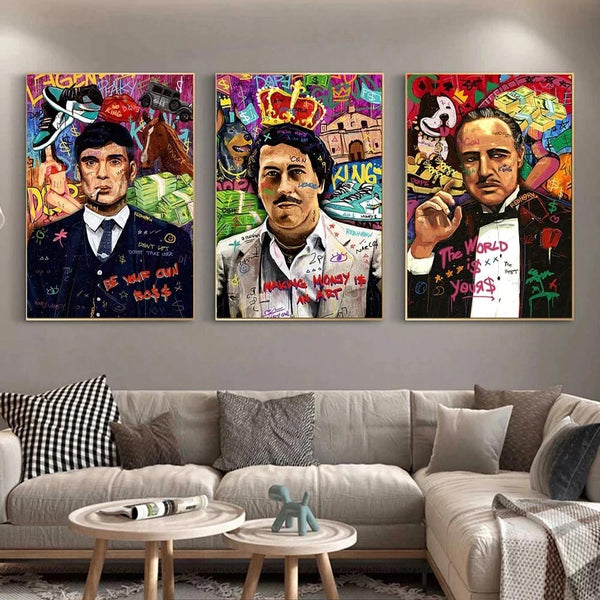 Leinwand - Tommy Shelby Pablo Escobar Der Pate Street Art Triptychon