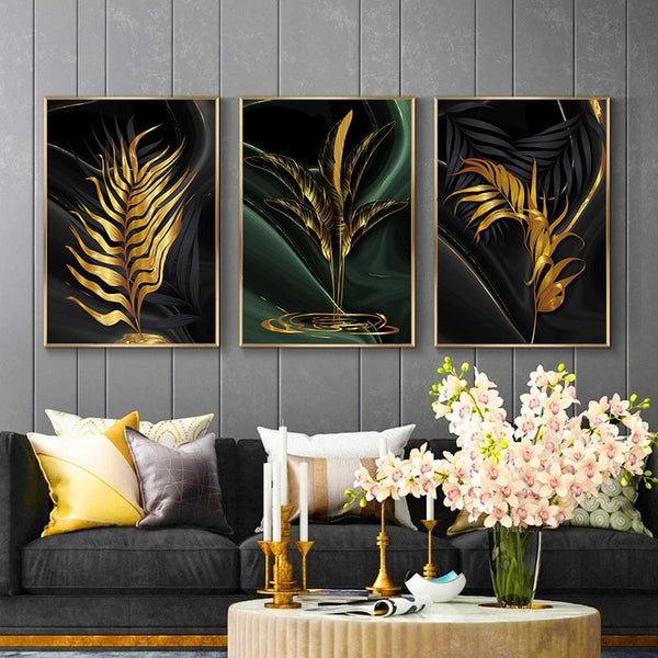 Leinwand - Goldene Blätter Triptychon